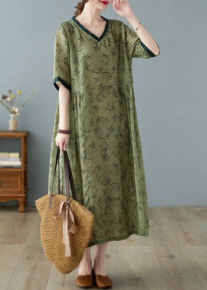 Unique Green V Neck Print Patchwork Linen Long Dress Summer Ly0666