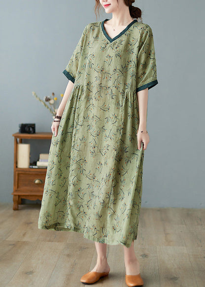 Unique Green V Neck Print Patchwork Linen Long Dress Ac2090