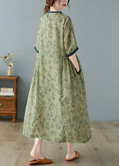 Unique Green V Neck Print Patchwork Linen Long Dress Summer Ly0666