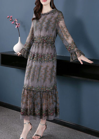 Unique Grey Embroideried Patchwork Silk Maxi Dresses Spring Ly1004
