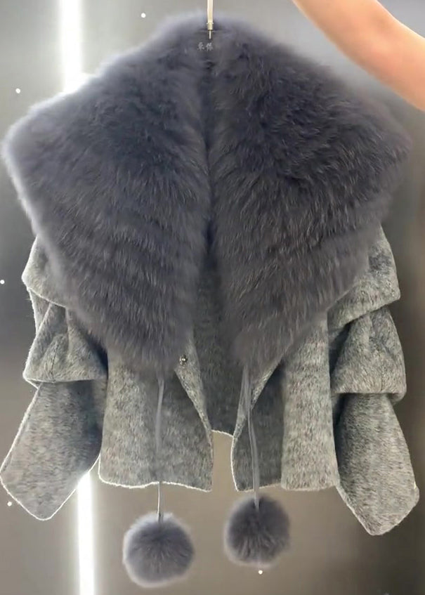 Unique Grey Fur Collar Fuzzy Ball Decorated Woolen Coat Winter Rk002
