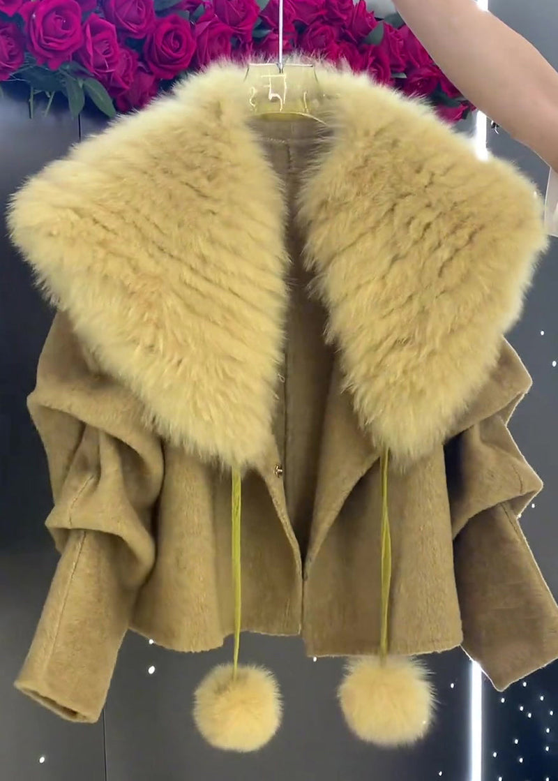 Unique Grey Fur Collar Fuzzy Ball Decorated Woolen Coat Winter Rk002
