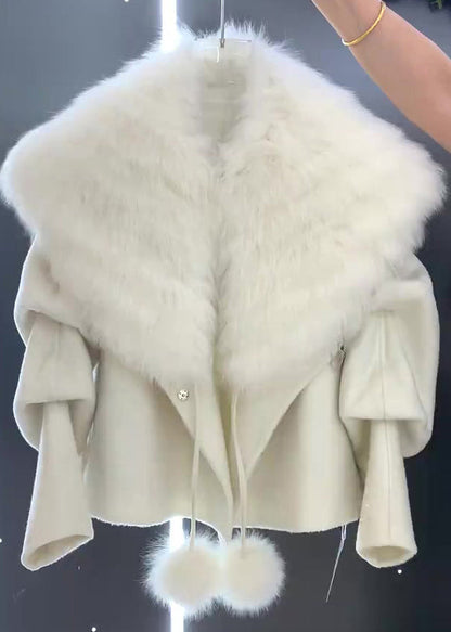 Unique Grey Fur Collar Fuzzy Ball Decorated Woolen Coat Winter Rk002