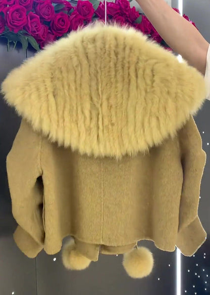 Unique Grey Fur Collar Fuzzy Ball Decorated Woolen Coat Winter Rk002
