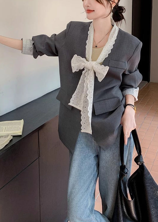 Unique Grey Oversized Patchwork Lace Coats Spring Yo17