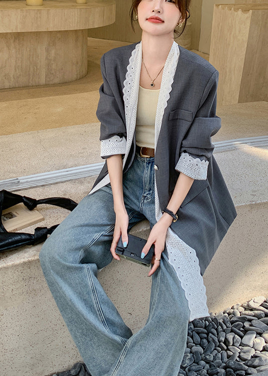 Unique Grey Oversized Patchwork Lace Coats Spring Yo17