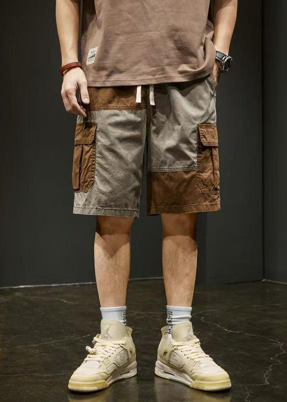 Unique Pockets Elastic Shorts Grey Cotton Waist Patchwork