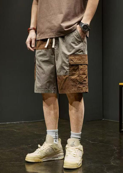 Unique Pockets Elastic Shorts Grey Cotton Waist Patchwork