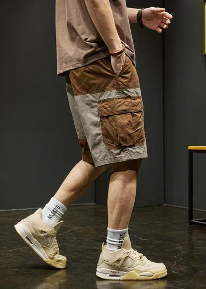 Unique Pockets Elastic Shorts Grey Cotton Waist Patchwork