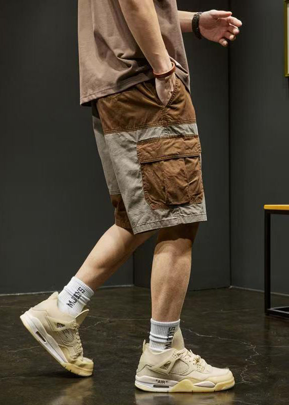 Unique Pockets Elastic Shorts Grey Cotton Waist Patchwork