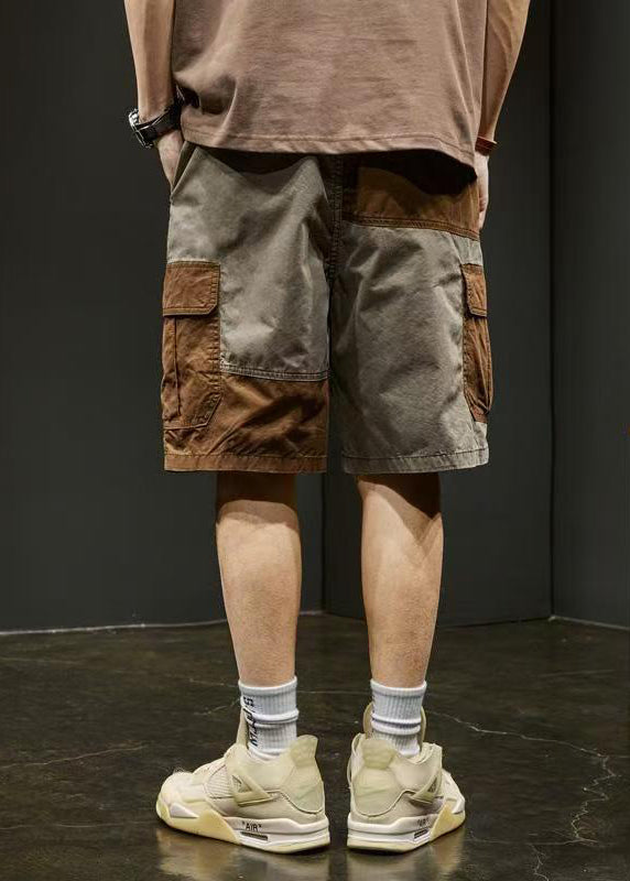 Unique Pockets Elastic Shorts Grey Cotton Waist Patchwork