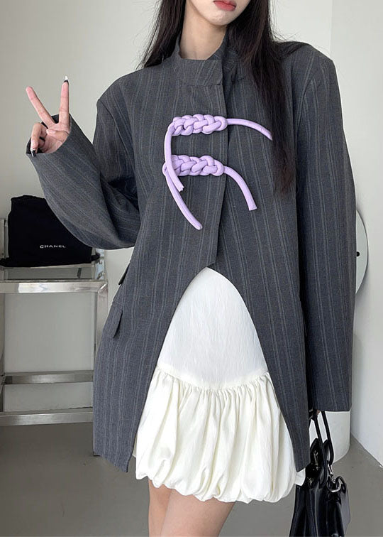 Unique Grey Stand Collar Striped Patchwork Cotton Coats Spring Ly0769