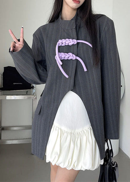 Unique Grey Stand Collar Striped Patchwork Cotton Coats Spring Ly0769