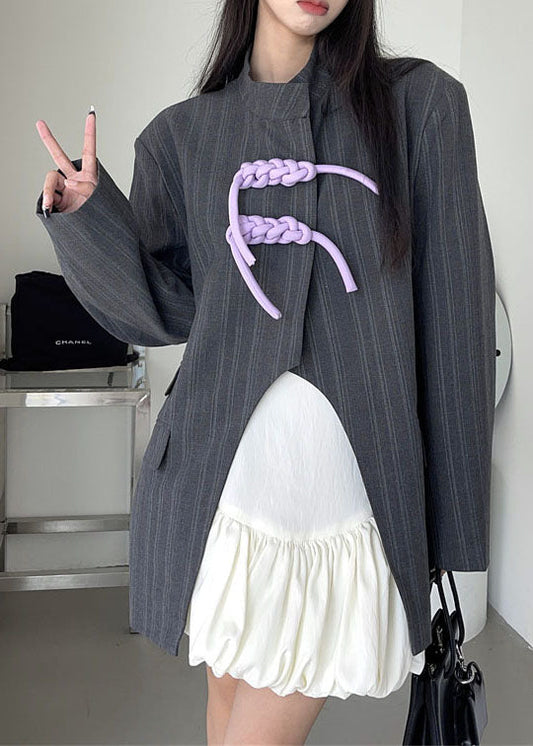 Unique Grey Stand Collar Striped Patchwork Cotton Coats Spring Ly0769