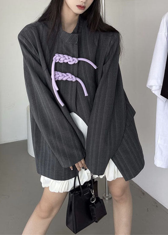 Unique Grey Stand Collar Striped Patchwork Cotton Coats Spring Ly0769