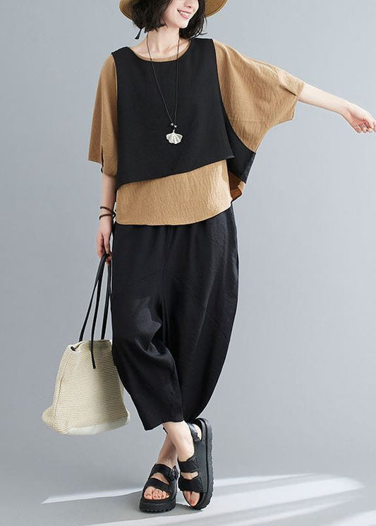 Unique Khaki O-neck Patchwork Cotton Tops and Pants Pieces Set Summer Ly0625