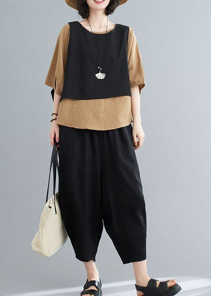 Unique Khaki O-neck Patchwork Cotton Tops and Pants Pieces Set Summer Ly0625
