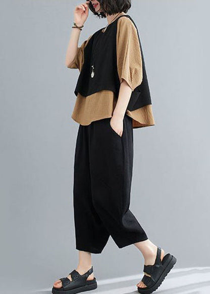 Unique Khaki O-neck Patchwork Cotton Tops and Pants Pieces Set Summer Ly0625