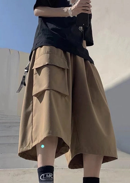Unique Khaki Pockets Patchwork Elastic Waist Ice Silk Crop Pants Yt007