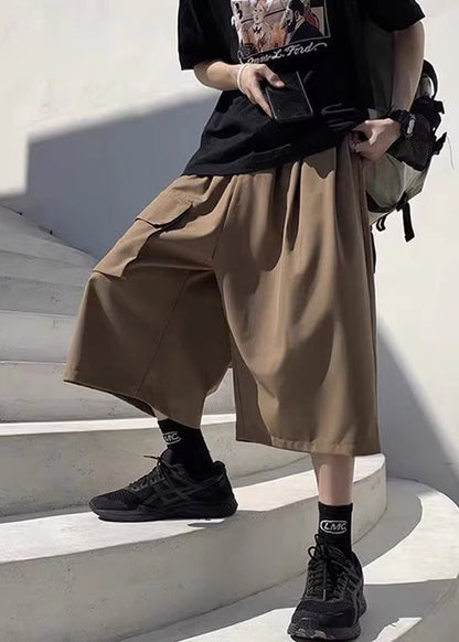 Unique Khaki Pockets Patchwork Elastic Waist Ice Silk Crop Pants Yt007