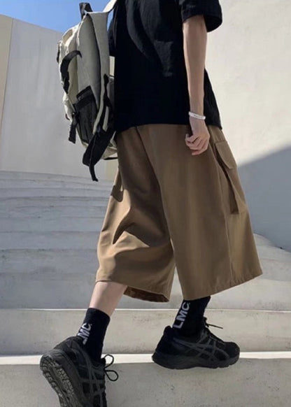 Unique Khaki Pockets Patchwork Elastic Waist Ice Silk Crop Pants Yt007