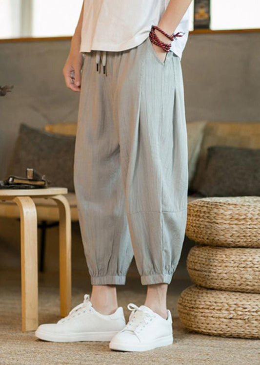 Unique Light Grey Elastic Waist Ice Silk Crop Pants Summer Ly1951
