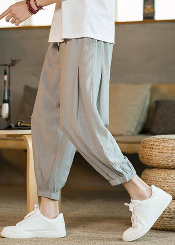 Unique Light Grey Elastic Waist Ice Silk Crop Pants Summer Ly1951