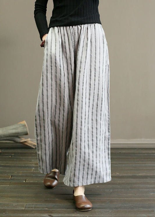 Unique Light Grey Elastic Waist Oversized Striped Linen Pants Trousers Summer Ly1502