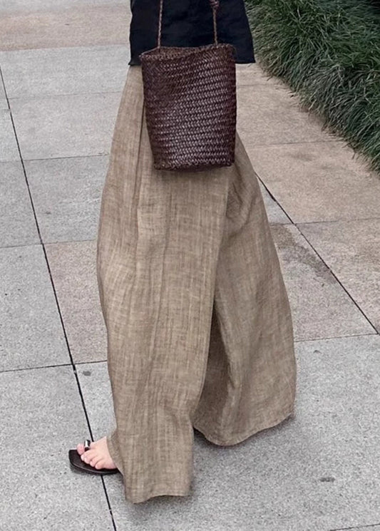 Unique Light Khaki Elastic Waist Wide Leg Pants Summer Gh1085