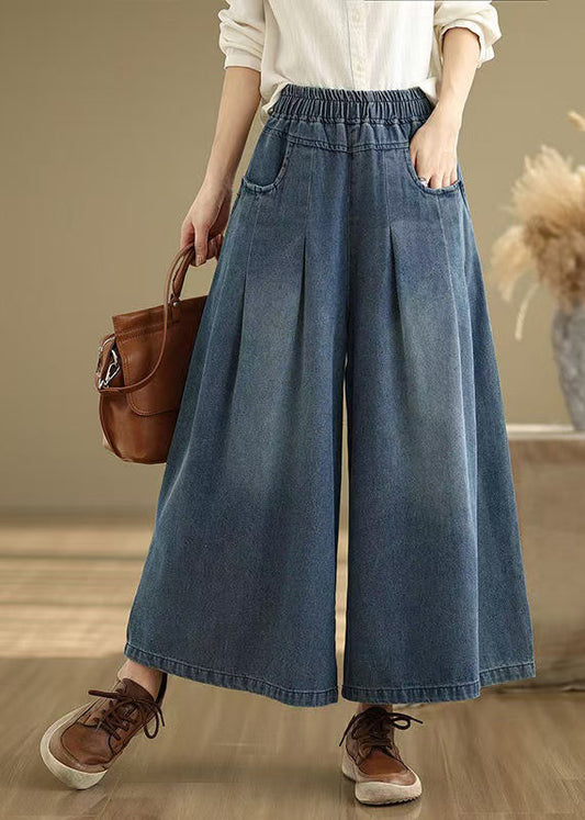Navy Elastic Waist Summer Leg Wide Pants Unique Wrinkled Denim
