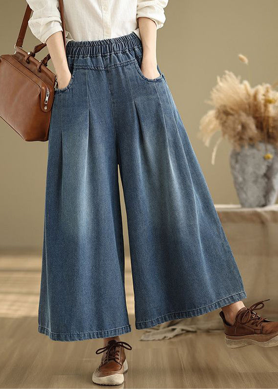 Navy Elastic Waist Summer Leg Wide Pants Unique Wrinkled Denim