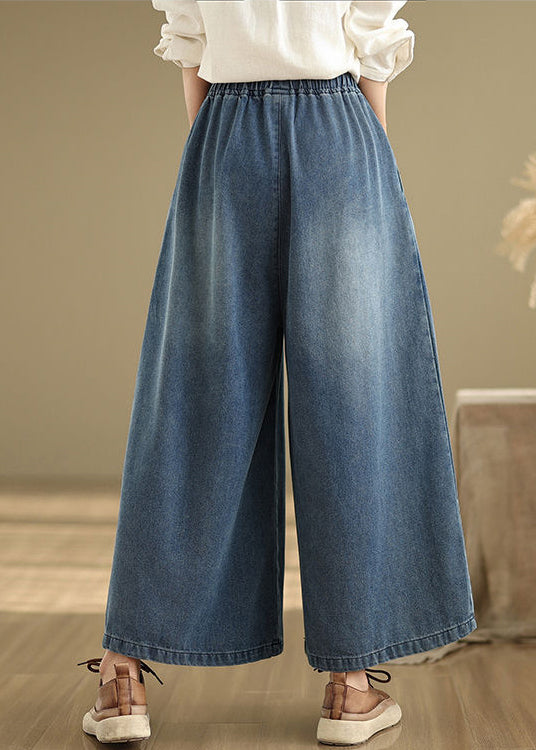 Navy Elastic Waist Summer Leg Wide Pants Unique Wrinkled Denim