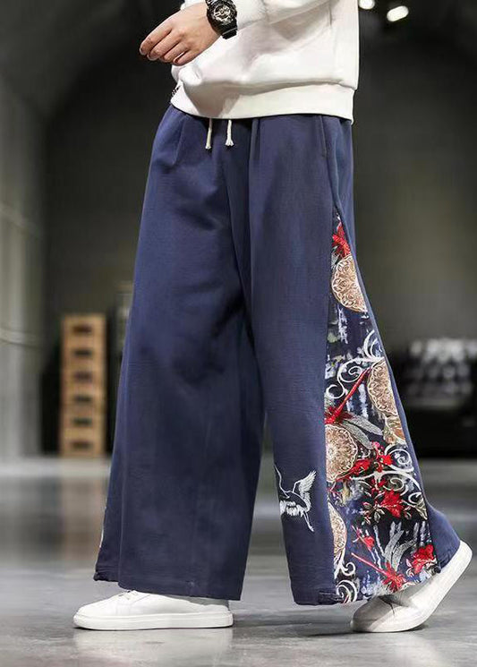 Unique Navy Embroideried Patchwork Cotton Wide Leg Pants Summer Sa055