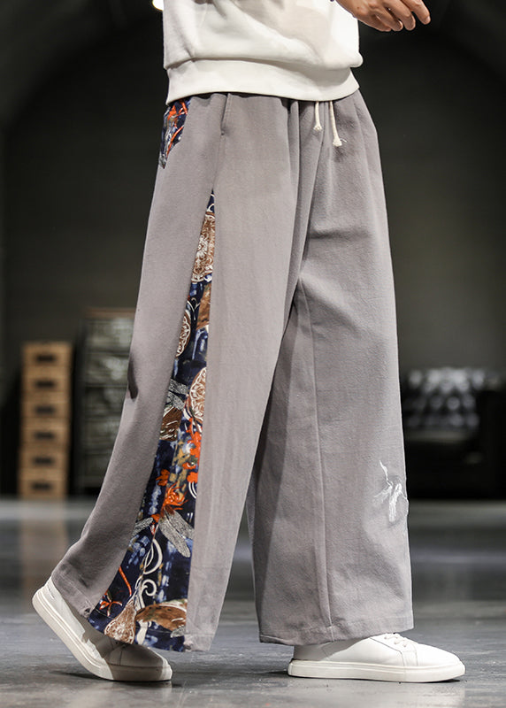 Unique Navy Embroideried Patchwork Cotton Wide Leg Pants Summer Sa055