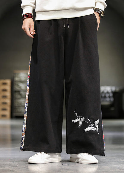 Unique Navy Embroideried Patchwork Cotton Wide Leg Pants Summer Sa055