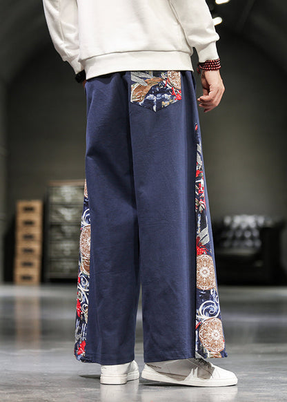 Unique Navy Embroideried Patchwork Cotton Wide Leg Pants Summer Sa055