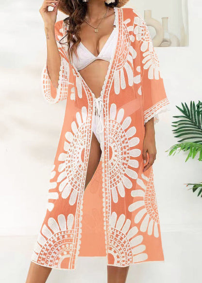 Unique Orange V-neck Print Lace Patchwork Tulle Swimwear Cardigans Vc049