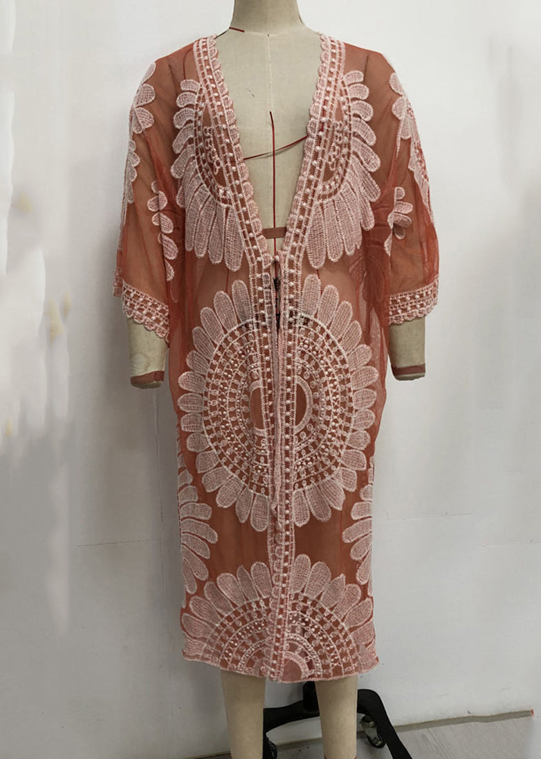 Unique Orange V-neck Print Lace Patchwork Tulle Swimwear Cardigans Vc049