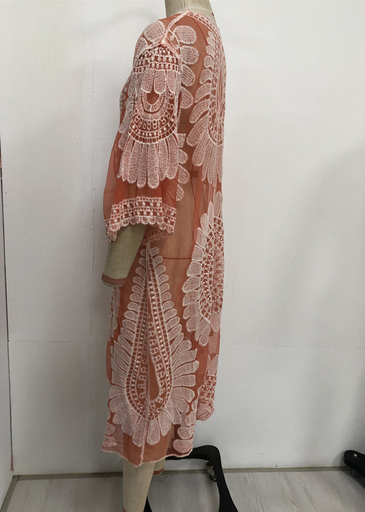 Unique Orange V-neck Print Lace Patchwork Tulle Swimwear Cardigans Vc049