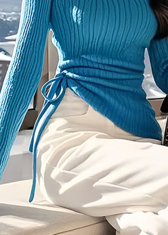 Unique Peacock Blue Asymmetrical Tie Waist Cotton Knit Sweater Spring To030
