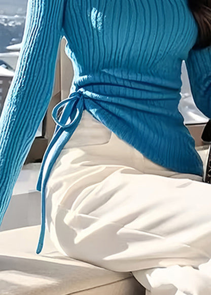Unique Peacock Blue Asymmetrical Tie Waist Cotton Knit Sweater Spring To030