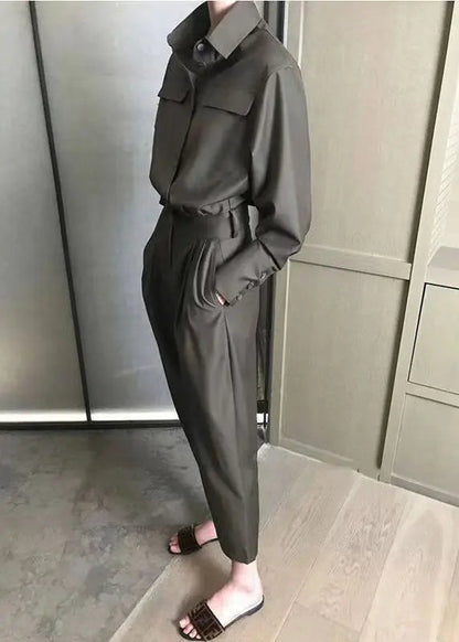 Unique Photo Color Peter Pan Collar Tie Waist Cotton Overalls Jumpsuit Spring Ha1003