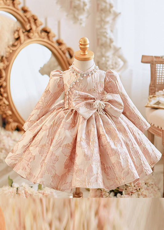 Unique Pink Bow Patchwork Pearl Thick Maxi Dress Puff Sleeve Rp038