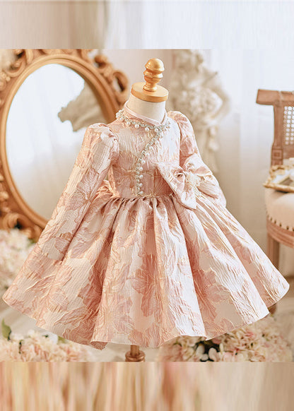 Unique Pink Bow Patchwork Pearl Thick Maxi Dress Puff Sleeve Rp038