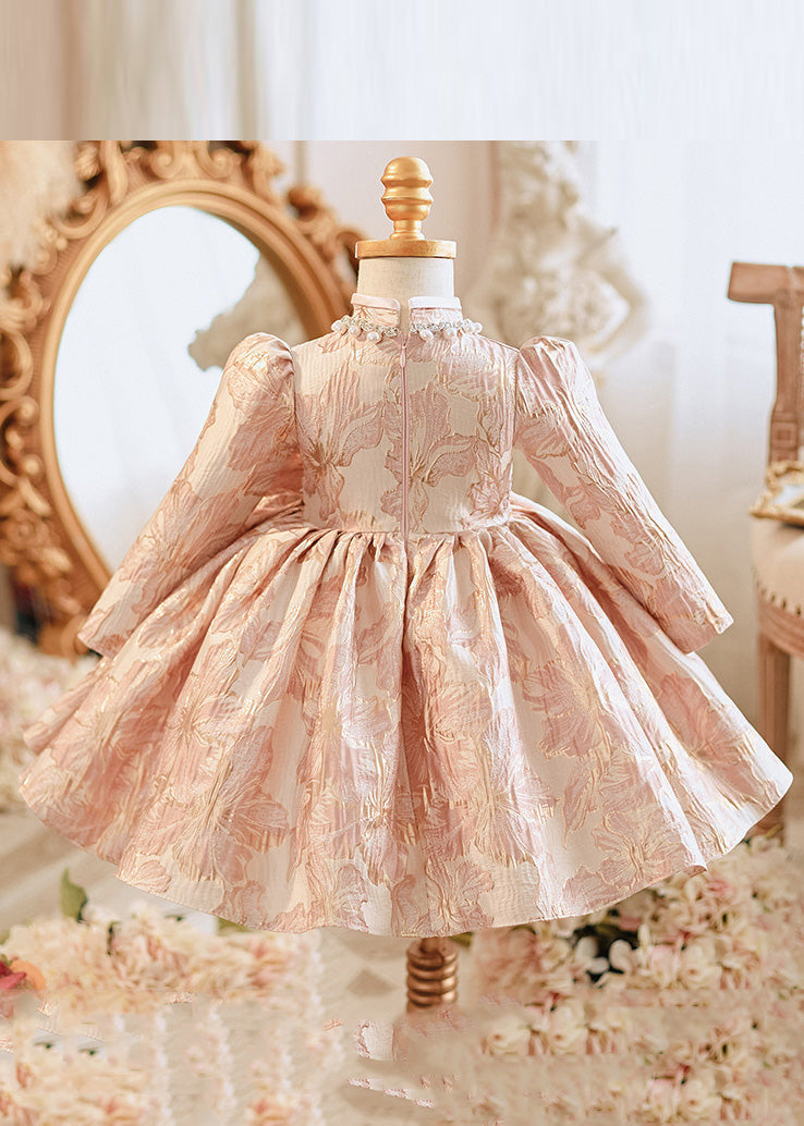 Unique Pink Bow Patchwork Pearl Thick Maxi Dress Puff Sleeve Rp038