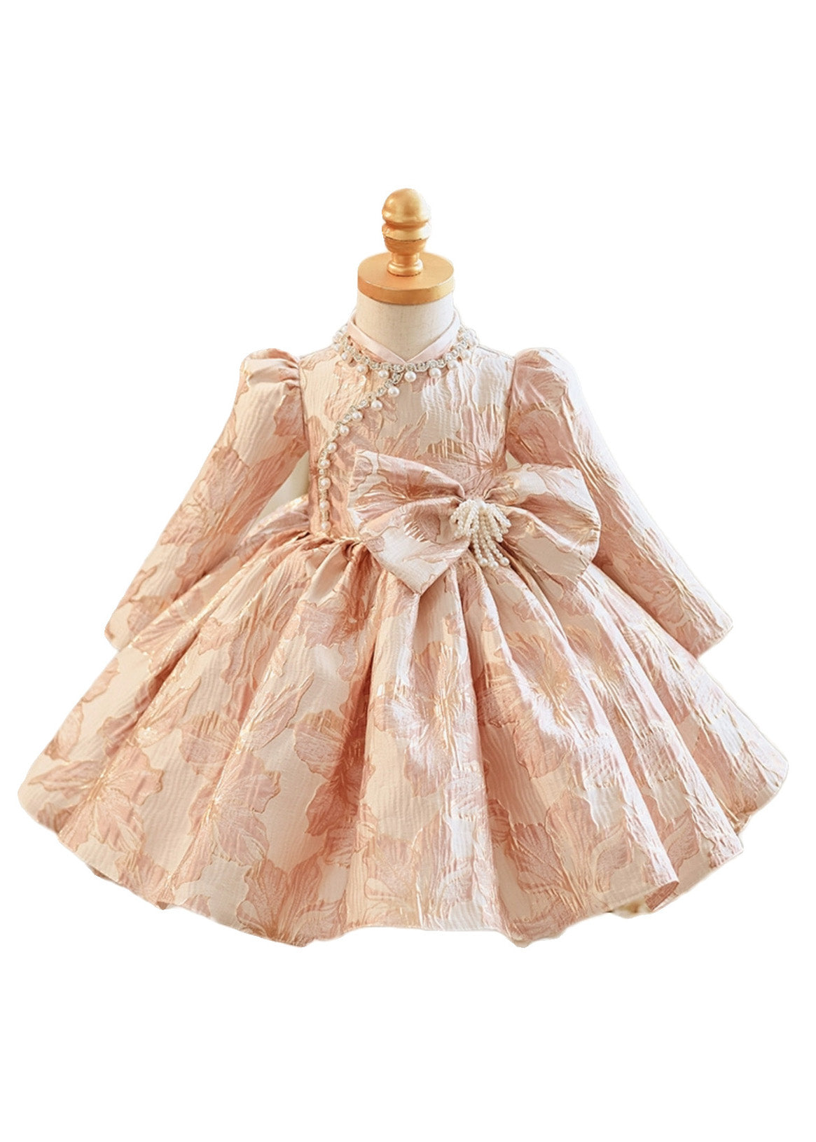 Unique Pink Bow Patchwork Pearl Thick Maxi Dress Puff Sleeve Rp038