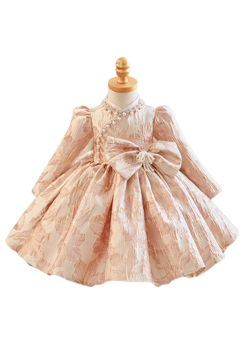 Unique Pink Bow Patchwork Pearl Thick Maxi Dress Puff Sleeve Rp038