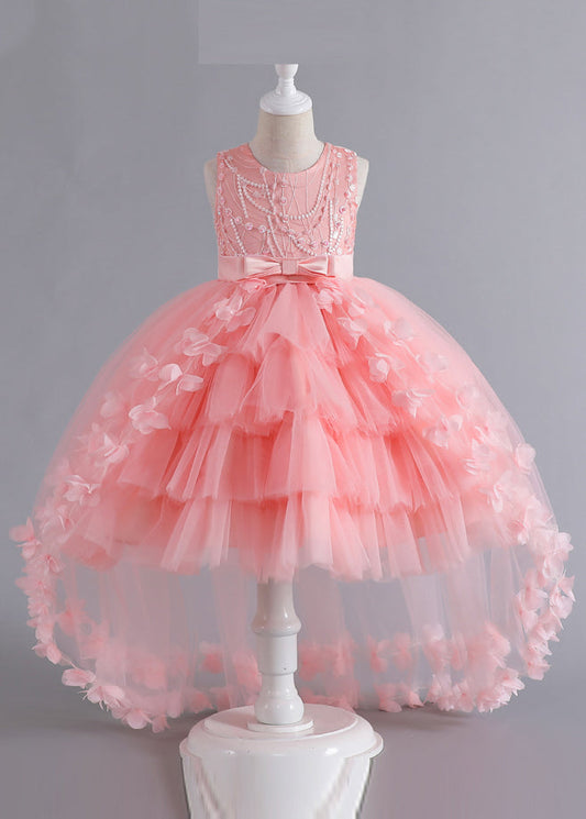 Unique Pink Patchwork Tulle Kids Maxi Dresses Sleeveless Ye012