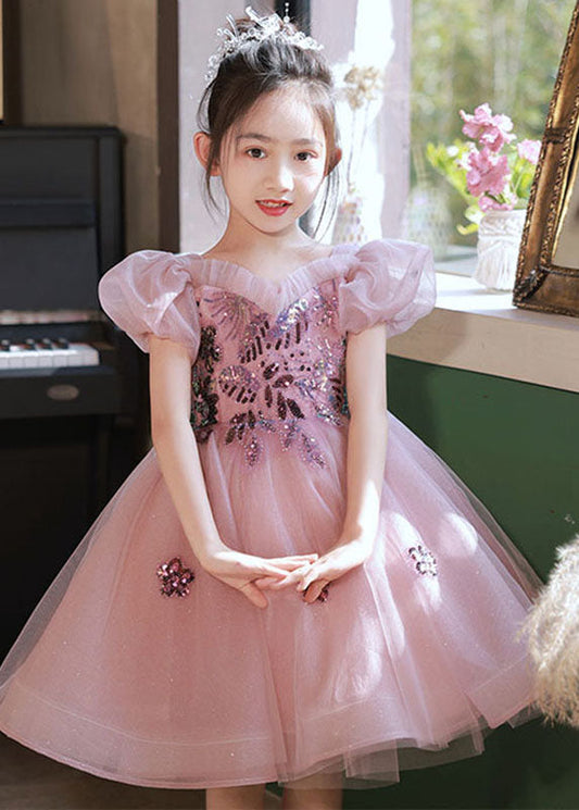 Unique Pink Sequins Patchwork Tulle Kids Long Dress Puff Sleeve Ye004