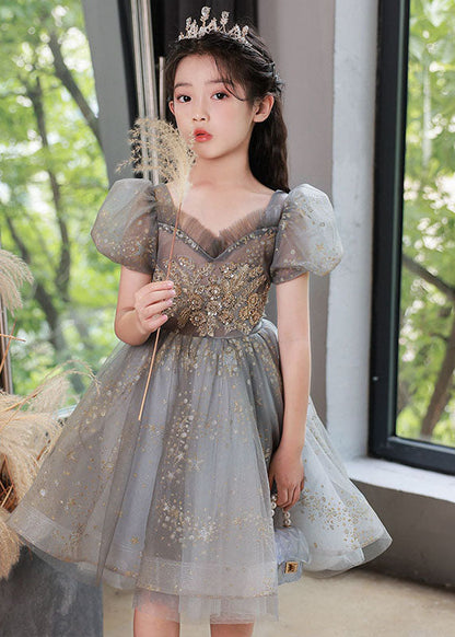 Unique Pink Sequins Patchwork Tulle Kids Long Dress Puff Sleeve Ye004